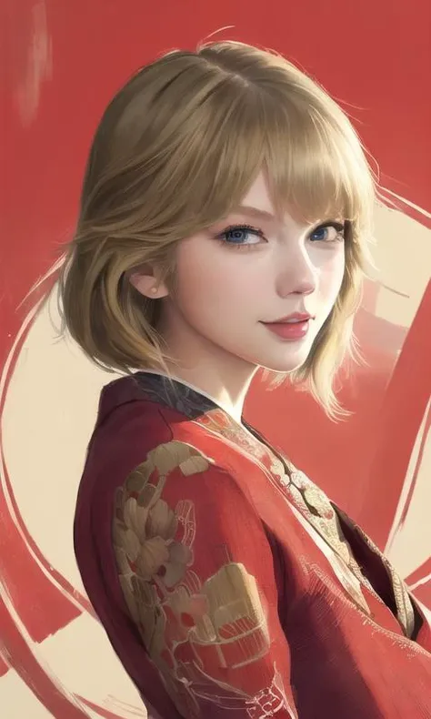 Taylor Swift, (masterpiece,best quality:1.5), illustration, Style of Kazuto Nakazawa:1.5, portrait, smile, oriental background, colourful