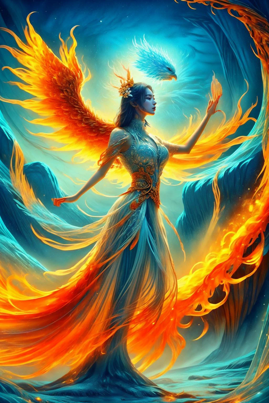 A girl wearing a long dress danced and performed a prayer ritual in front of the Ice God's palace,a giant ice phoenix lurked in the sky,(Phoenix of Sora:1.2),<lora:PhoenixSora:0.6>,
very long hair,sword,wide_shot,<lora:add_detail:0.6>,a rocky cliff,
mythology,fantasy,drama,dreams,detail,(flower:1.2),(ice:1.2),<lora:GPTS4 dreamwave full_478773:0.4>,<lora:GoodHands-beta2:0.9>,<lora:irene_v70:0.6>,style-sylvamagic,<lora:LiquidClothesV1fixed:0.5>,<lora:Unholy:0.5>,