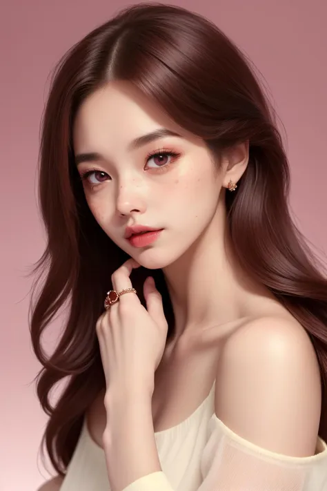 [pureface,sexy,Bare shoulder],<lora:SkinHandFix:0.5:INALL>, 1 girl, adult woman, freckles,mole, ruby eyes, Chestnut hair, Henley shirt,simple background,(Mauve gradient background:1.1), chibi, (masterpiece,best quality:1.6),Guilty,<lora:wavebackground:1.0>, Graflex Century Graphic 23 Camera ,lots of details, Ring,jewelry ,bracelets