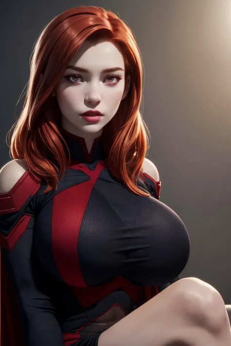 (ultra realistic,32k, masterpiece:1.2),(high detailed skin:1.1),( 8k uhd, dslr, high quality:1.1),
Miss_Martian_2020_YJ, (red eyes:0.8),shoulder-length red hair,, , (huge breast:1.1),
(looking at viewer, standing, from below:1.1),,(upper body:1.1),
,(glowwave:1.1), blank background