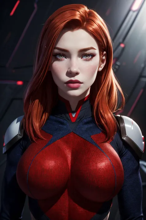 (ultra realistic,32k, masterpiece:1.2),(high detailed skin:1.1),( 8k uhd, dslr, high quality:1.1),
 <lora:Miss_Martian_2020_YJ:0.7>Miss_Martian_2020_YJ,  (amber eyes:0.9),shoulder-length red hair,, , <lora:add_detail:0.81>, (huge breast:1.1), 
(looking at viewer, portrait:1.1),,(upper body:1.1),
,(glowwave:1.1), blank background