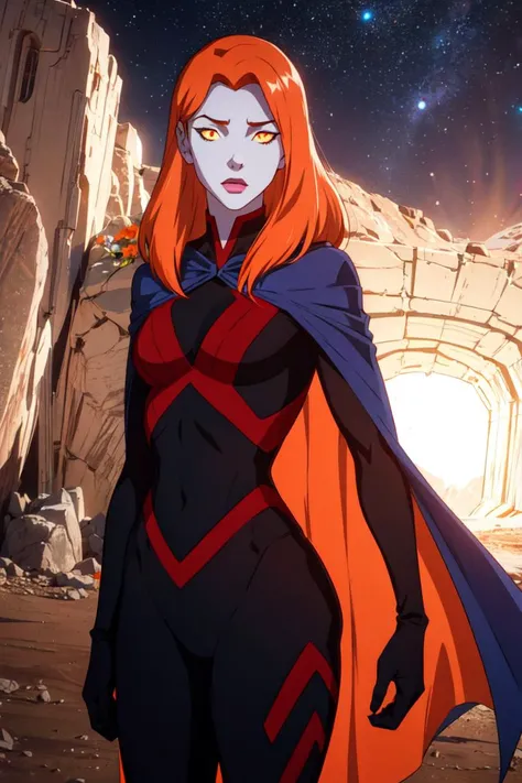 (Miss_Martian_2020_YJ :1.2), (blue cape, black bodysuit), (orange iris, black sclera:1.5), mars, red planet, rocks, dark, red ground, space, (realistic:1.2), (masterpiece:1.2), (full-body-shot:1),(Cowboy-shot:1.2), dark romantic lighting, (highly detailed:1.2), (detailed face:1.2), (gradients), colorful, detailed eyes, (natural lighting:1.2), solo, <lora:add_detail:0.3> <lora:Miss_Martian_2020_YJ (1):0.6> <lora:BeautifulEyes:0.3>