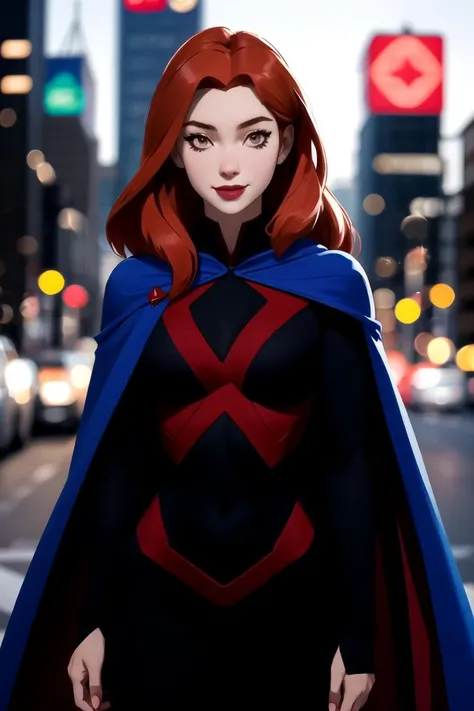 centered, award winning upper body portrait, cowboy shot, (looking at viewer:1.2), | solo, standing, smile, Miss_Martian_2020_YJ, blue cape, bodysuit, | city, urban scenery, city lights, | bokeh, depth of field, cinematic composition, | dynamic pose, <lora:Miss_Martian_2020_YJ:0.6>