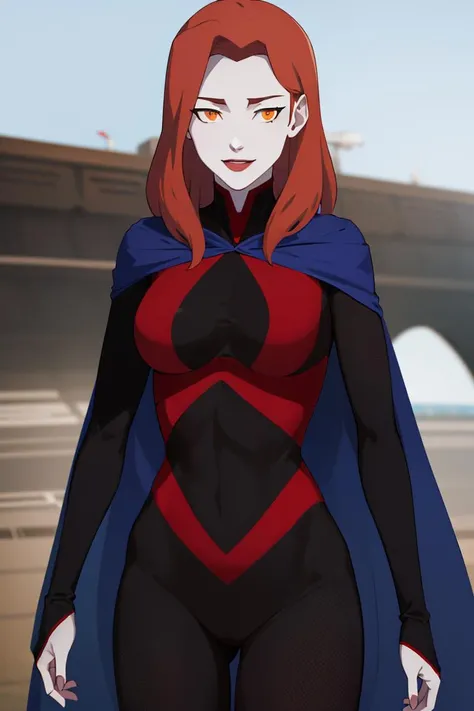 ((masterpiece,best quality)), absurdres,
<lora:Miss_Martian_2020_YJ:0.7>, Miss_Martian_2020_YJ, blue cape, bodysuit,
solo, smiling, looking at viewer, cowboy shot,
cinematic composition, dynamic pose,