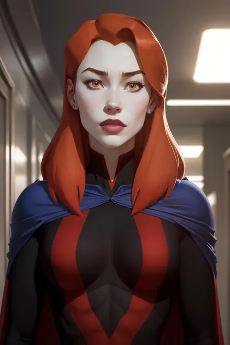 masterpiece, best quality, 1girl, beautiful face, upper body, Miss_Martian_2020_YJ, blue cape, bodysuit, <lora:Miss_Martian_2020_YJ:0.8>,