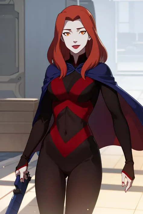 ((masterpiece,best quality)), absurdres,
<lora:Miss_Martian_2020_YJ:0.7>, Miss_Martian_2020_YJ, blue cape, bodysuit,
solo, smiling, looking at viewer, cowboy shot,
cinematic composition, dynamic pose,