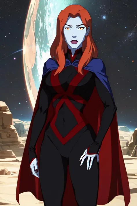 (Miss_Martian_2020_YJ :1.2), (blue cape, black bodysuit), orange iris, mars, red planet, rocks, dark, red ground, space, (realistic:1.2), (masterpiece:1.2), (full-body-shot:1),(Cowboy-shot:1.2), dark romantic lighting, (highly detailed:1.2), (detailed face:1.2), (gradients), colorful, detailed eyes, (natural lighting:1.2), solo, <lora:add_detail:0.3> <lora:Miss_Martian_2020_YJ (1):0.8> <lora:BeautifulEyes:0.3>