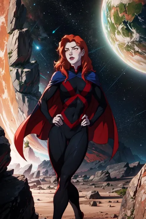 (Miss_Martian_2020_YJ :1.2), (blue cape, black bodysuit), mars, red planet, rocks, dark, red ground, space, (realistic:1.2), (masterpiece:1.2), (full-body-shot:1),(Cowboy-shot:1.2), dark romantic lighting, (highly detailed:1.2), (detailed face:1.2), (gradients), colorful, detailed eyes, (natural lighting:1.2), solo, <lora:add_detail:0.3> <lora:Miss_Martian_2020_YJ (1):0.6> <lora:BeautifulEyes:0.3>