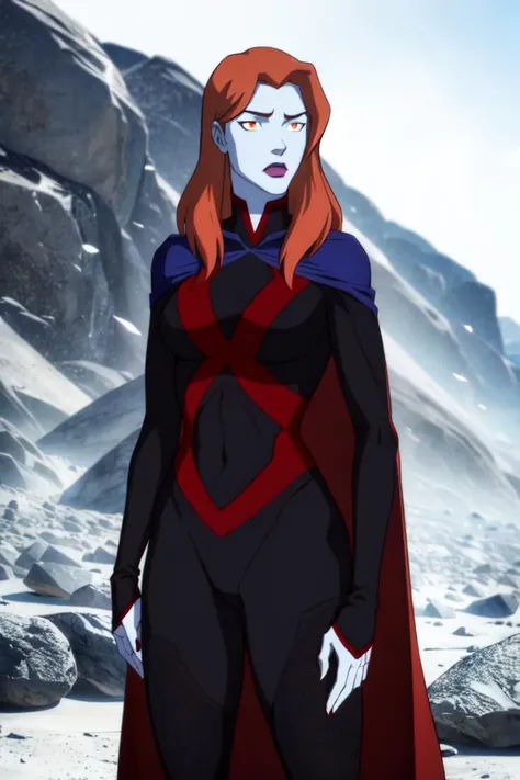 (Miss_Martian_2020_YJ :1.2), (blue cape, black bodysuit), orange iris, mars, red planet, rocks, dark, red ground, space, (realistic:1.2), (masterpiece:1.2), (full-body-shot:1),(Cowboy-shot:1.2), dark romantic lighting, (highly detailed:1.2), (detailed face:1.2), (gradients), colorful, detailed eyes, (natural lighting:1.2), solo, <lora:add_detail:0.3> <lora:Miss_Martian_2020_YJ (1):0.8> <lora:BeautifulEyes:0.3>