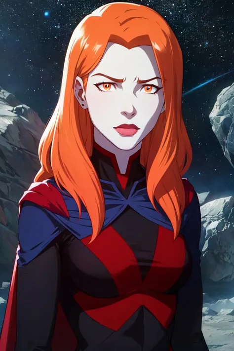 (Miss_Martian_2020_YJ :1.2), (blue cape, black bodysuit), orange iris, mars, red planet, rocks, dark, red ground, space, (realistic:1.2), (masterpiece:1.2), (full-body-shot:1),(Cowboy-shot:1.2), dark romantic lighting, (highly detailed:1.2), (detailed face:1.2), (gradients), colorful, detailed eyes, (natural lighting:1.2), solo, <lora:add_detail:0.3> <lora:Miss_Martian_2020_YJ (1):0.6> <lora:BeautifulEyes:0.3>