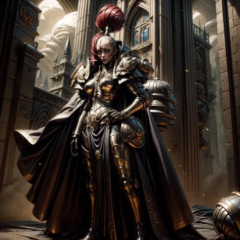 Generate a stunning art style, a true [masterpiece] [best quality] of art. The image showcases [detailed linework], [dynamic shading], and [dramatic lighting], bringing to life a [dreading atmosphere, grim dark coloures] . In the background a [gothic hive spire city, warhammer 40k] is to be seen in [grand:1.8, high-scale:1.8, panorama:1.8]  from  [from below].
A sistersilence , solo:1.3 is [full body view, standing, from above ] in front of the edge of a tower. She is holding a [sword in her righthand]. She is wearing a [stunning sistersilence armor ] with [topknot, full armor, detailed shoulder armor, pauldron, gold armor, armor detail, gold trimmings, pelvic curtain, cape,facial tatto] .
<lora:more_details:1>  <lora:Sister of Silence MK1 by CARAXES:0.7>