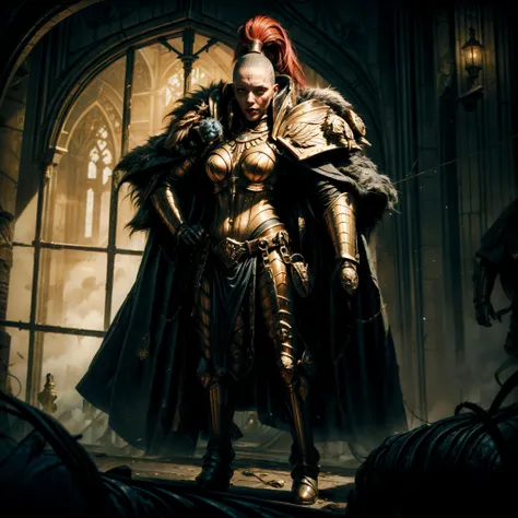 Generate a stunning art style, a true [masterpiece] [best quality] of art. The image showcases [detailed linework], [dynamic shading], and [dramatic lighting], bringing to life a [dreading atmosphere, grim dark coloures] . In the background a [gothic hive spire city, warhammer 40k] is to be seen in [grand:1.8, high-scale:1.8, panorama:1.8]  from  [from below].
A sistersilence , solo:1.3 is [full body view, standing, from above ] in front of the edge of a tower. She is holding a [sword in her righthand]. She is wearing a [stunning sistersilence armor ] with [topknot, full armor, detailed shoulder armor, pauldron, gold armor, armor detail, gold trimmings, pelvic curtain, cape,facial tatto] .
<lora:more_details:1>  <lora:Sister of Silence MK1 by CARAXES:0.7>