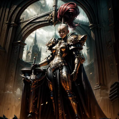 Generate a stunning art style, a true [masterpiece] [best quality] of art. The image showcases [detailed linework], [dynamic shading], and [dramatic lighting], bringing to life a [dreading atmosphere, grim dark coloures] . In the background a [gothic hive spire city, warhammer 40k] is to be seen in [grand:1.8, high-scale:1.8, panorama:1.8]  from  [from below].
A sistersilence , solo:1.3 is [full body view, standing, from above ] in front of the edge of a tower. She is holding a [sword in her righthand]. She is wearing a [stunning sistersilence armor ] with [topknot, full armor, detailed shoulder armor, pauldron, gold armor, armor detail, gold trimmings, pelvic curtain, cape,facial tatto] .
<lora:more_details:1>  <lora:Sister of Silence MK1 by CARAXES:0.7>