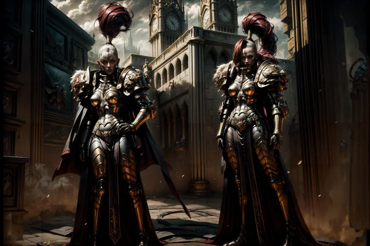 Generate a stunning art style, a true [masterpiece] [best quality] of art. The image showcases [detailed linework], [dynamic shading], and [dramatic lighting], bringing to life a [dreading atmosphere, grim dark coloures] . In the background a [gothic hive spire city, warhammer 40k] is to be seen in [grand:1.8, high-scale:1.8, panorama:1.8]  from  [from below].
A sistersilence , solo:1.3 is [full body view, standing, from above ] in front of the edge of a tower. She is holding a [sword in her righthand]. She is wearing a [stunning sistersilence armor ] with [topknot, full armor, detailed shoulder armor, pauldron, gold armor, armor detail, gold trimmings, pelvic curtain, cape,facial tatto] .
<lora:more_details:1>  <lora:Sister of Silence MK1 by CARAXES:0.7>