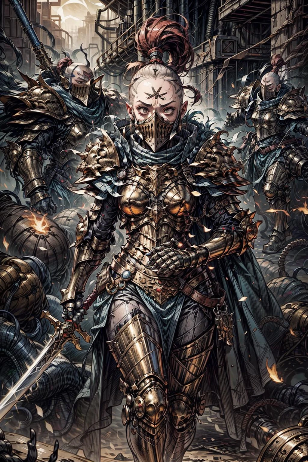 photo of 1girl, , wearing sistersilence armor, mask details, topknot, full armor, detailed shoulder armor, pauldron, gold armor, armor detail, gold trimmings, pelvic curtain, cape, holding sword, swinging sword, facial tattoo, <lora:tool - add_detail:1>
battle, army, firing, gun, charging, running,
standing by desert storm, sandstorm, dune, dark ambiance, <lora:Sister of Silence MK1 by CARAXES:0.8> <lora:artstyle - darkfantasyV1.1:0.6>