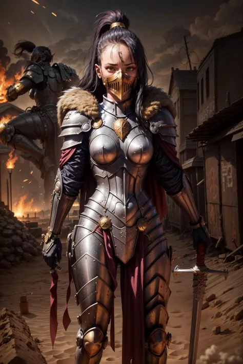 photo of 1girl, nagatoro, wearing sistersilence armor, mask details, ponytail, full armor, detailed shoulder armor, pauldron, gold armor, armor detail, eagle ornament, gold trimmings, pelvic curtain, cape, holding sword, holding sword, hand on hilt, planted sword, tall stature, facial tattoo, <lora:tool - add_detail:1>
battle, army, firing, gun, charging
standing by desert storm, sandstorm, dune, dark ambiance, <lora:Sister of Silence MK1 by CARAXES:0.7> <lora:subject - nagatoro hayaseV2:0.7>