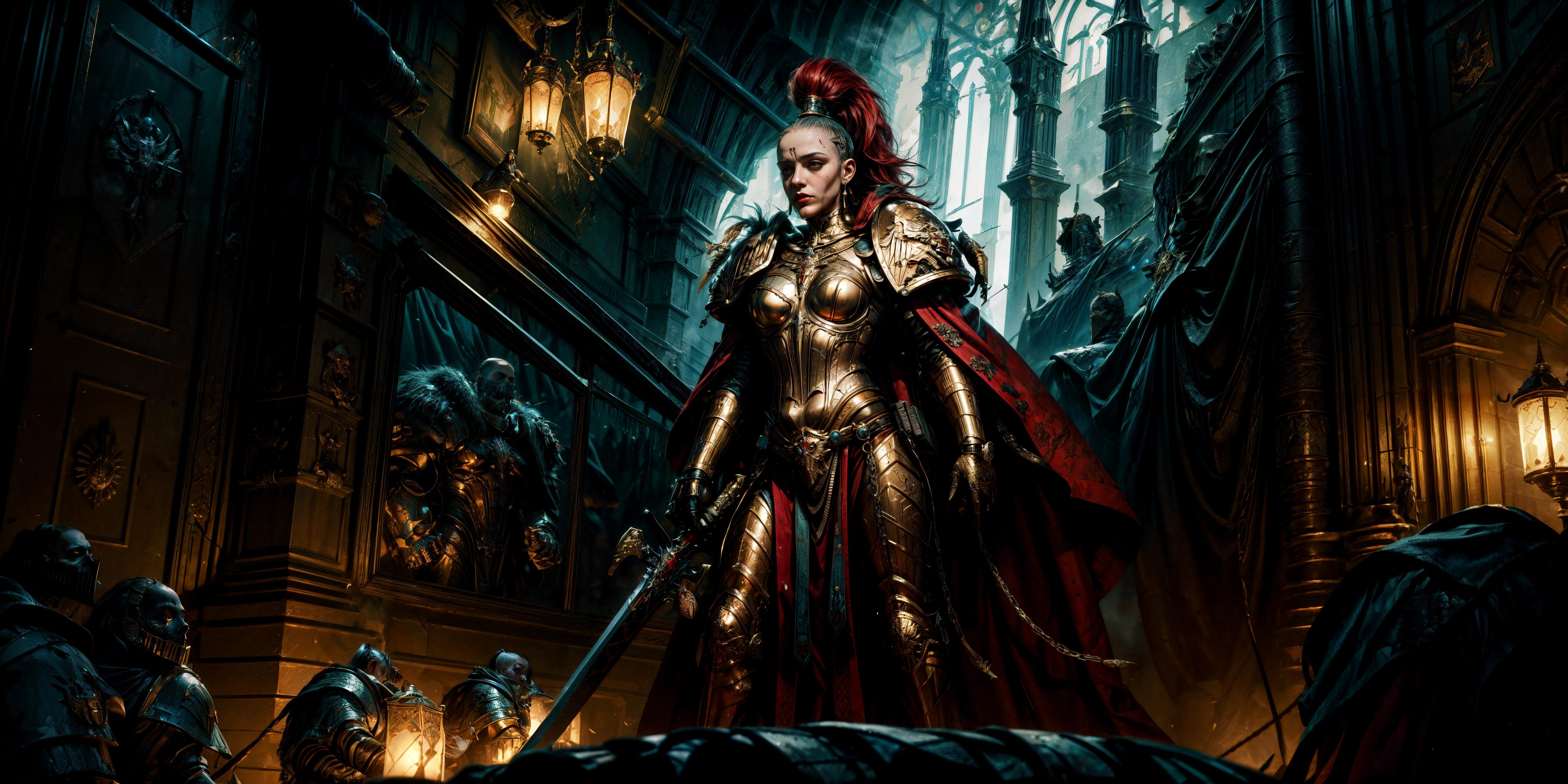 A woman in armor standing in a dark room with a sword - SeaArt AI