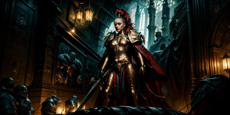 Generate a stunning art style, a true [masterpiece] [best quality] of art. The image showcases [detailed linework], [dynamic shading], and [dramatic lighting], bringing to life a [dreading atmosphere, grim dark coloures] . In the background a [gothic hive spire city, warhammer 40k] is to be seen in [grand:1.8, high-scale:1.8, panorama:1.8]  from  [from below].
A sistersilence , solo:1.3 is [standing, from above ] in front of the edge of a tower. She is holding a [sword in her righthand]. She is wearing a [stunning sistersilence armor ] with [topknot, full armor, detailed shoulder armor, pauldron, gold armor, armor detail, gold trimmings, pelvic curtain, cape,] .
<lora:more_details:1>  <lora:Sister of Silence MK1 by CARAXES:0.7>