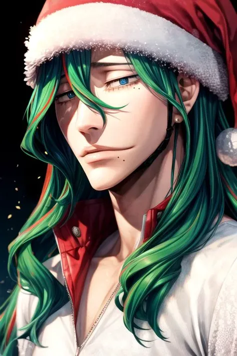 photorealistic, (4k), depth of field, (Masterpiece), (realistic skin texture), extremely detailed, intricate, hyper detailed, high resolution, professional photography, , depth of field, sharp detail, best quality, , 1boy, solo, male focus, <lora:yuusuke_makishima:0.94>, yuusuke_makishima, green hair, blue eyes, long hair, , , , , santa claus costume, jetty,