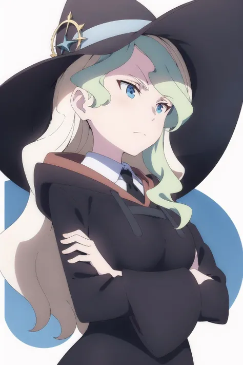 diana_cavendish, 1girl, solo, hat, crossed_arms, witch_hat, looking_at_viewer, luna_nova_school_uniform, witch, school_uniform, frown, upper_body, closed_mouth, long_sleeves, dress, shirt, blue_headwear, hood, collared_shirt, white_shirt, ribbon, wide_sleeves, neck_ribbon, v-shaped_eyebrows, serious, robe, twitter_username, hood_down