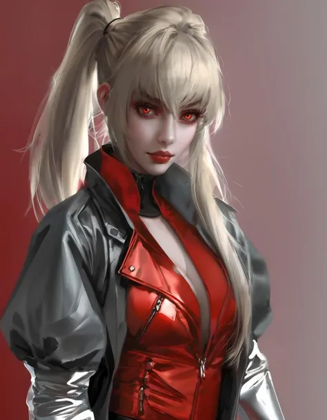 dal, (realistic:1.3), 1girl, :3, bangs, bat, blonde_hair, breasts, cleavage, collarbone, eyebrows_visible_through_hair, fang, fang_out, gloves, grey_background, hair_between_eyes, jacket, large_breasts, long_hair, looking_at_viewer, ponytail, red_eyes, red_jacket, shiny, shiny_hair, short_sleeves, solo, upper_body, vampire, white_gloves,