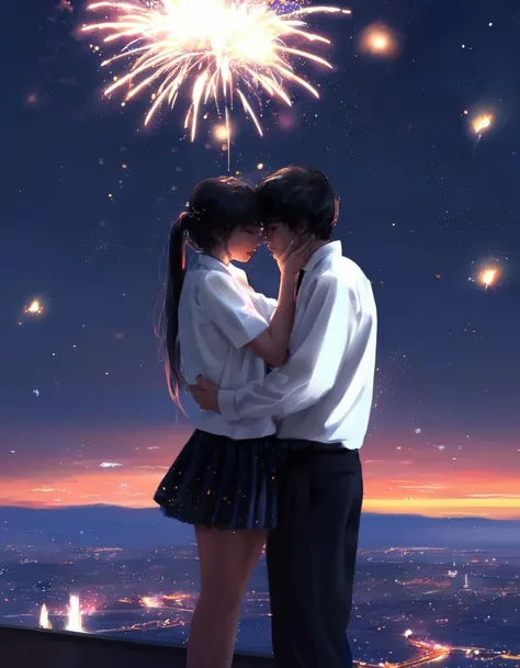 dal, , 1boy, 1girl, artist_request, couple, crying, fireworks, hatsukoi_sacrament, kiss, night, night_sky, shirt, skirt, sky, white_shirt,