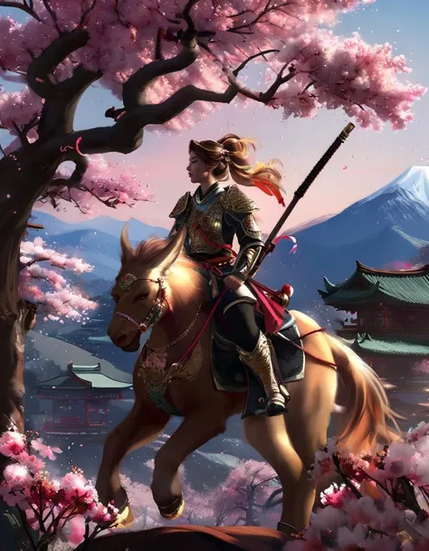 dal, , 1girl, Griffin rider, griffin saddle with a gold trim, griffin harness with reinforced straps, griffin whistle with a piercing sound, enchanted feather for bonding with the griffin, mountain peak with a hidden griffin nest., Samurai village, cherry blossom trees, ornate pagodas, honorable warriors, traditional culture, __fantasy situation__,