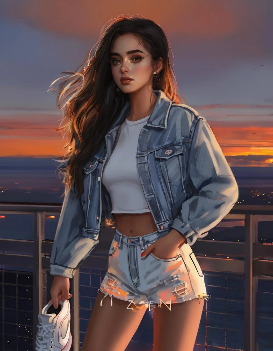 dal, (realistic:1.3), 1girl, 1girl, black eyes, , A white lace crop top, high-waisted light-wash denim shorts, white sneakers, a denim jacket, and a beige bucket bag,, , High point with a view of the sunset,, [neutral expression, impassive, stoic, indifferent:0.7],