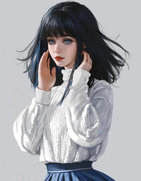 dal, (realistic:1.3), 1girl, bangs, black_hair, blue_eyes, blue_skirt, eyebrows_visible_through_hair, hair_between_eyes, hands_up, long_hair, looking_at_viewer, one_side_up, own_hands_together, puffy_short_sleeves, puffy_sleeves, ribbed_sweater, shirt, short_sleeve_sweater, short_sleeves, simple_background, skirt, solo, sweater, turtleneck, turtleneck_sweater, white_background, white_shirt,