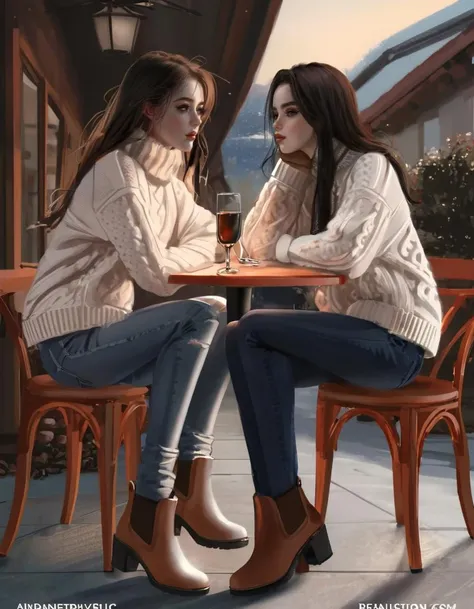 dal, (realistic:1.3), 1girl, 1girl, black eyes, , Cream cable-knit sweater, high-waisted jeans, brown ankle boots,, , Designated space for outdoor dining,, [embarrassed expression, bashful, shy, blushing:0.7],