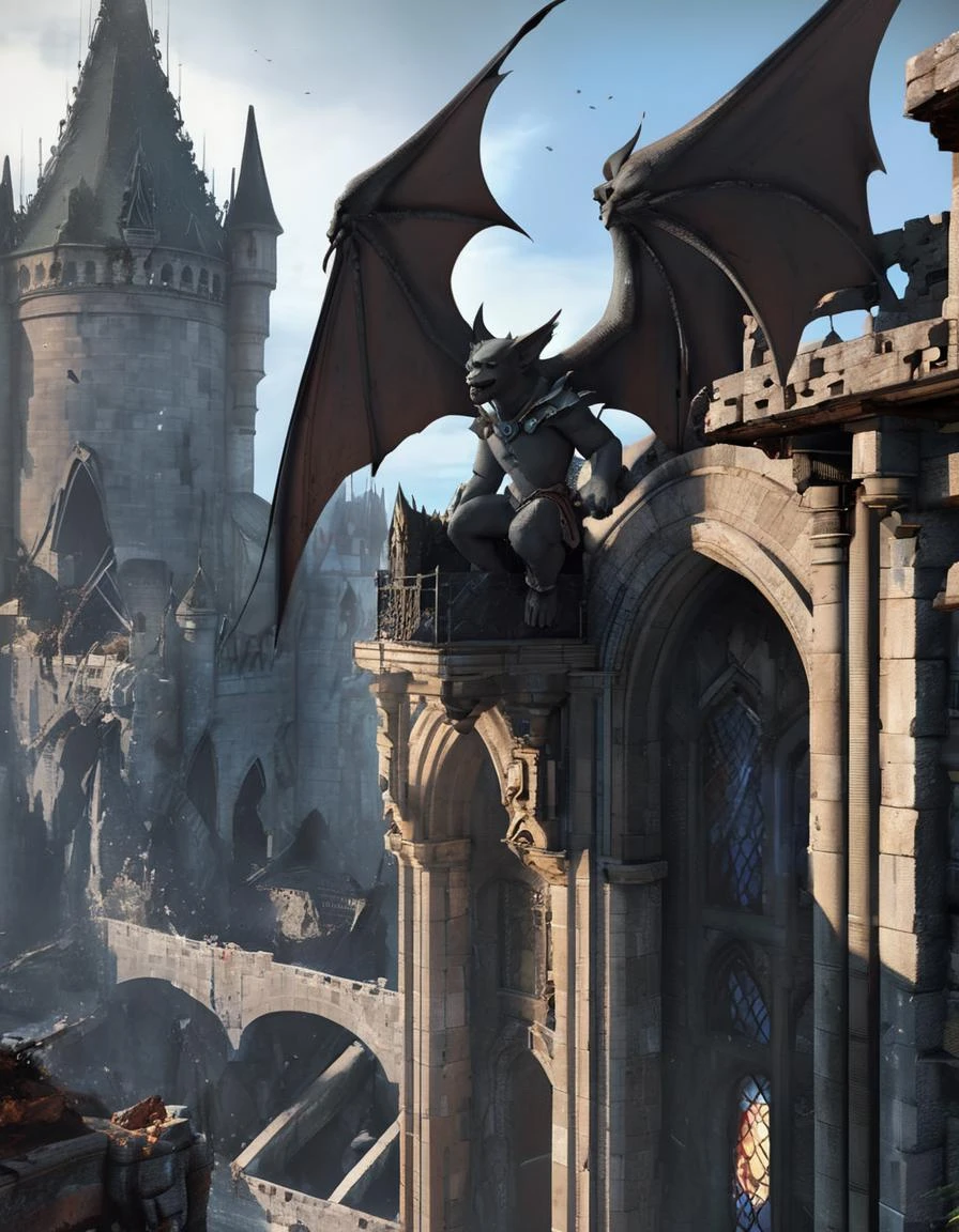 dal, , 1girl, Gargoyle guardian, stone wings with a razor-sharp edge, stone claws with a crushing grip, stone skin with a reinforced surface, gargoyle perch with a hidden entrance, castle with a gargoyle-guarded gate, Crumbling, abandoned amusement park, with rusted rides and eerie music, __fantasy situation__,