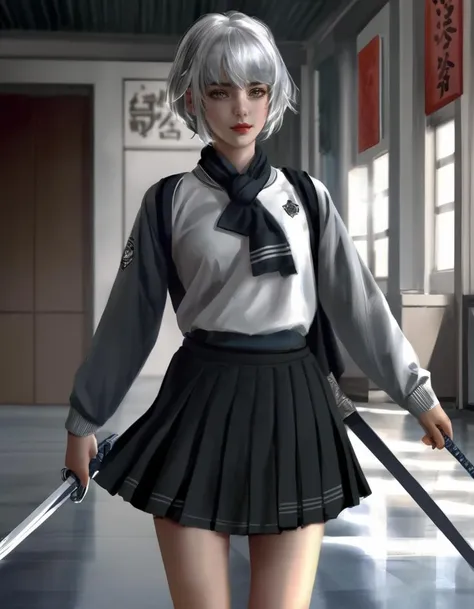 dal, (realistic:1.3), 1girl, animal_ears, bangs, black_serafuku, black_skirt, grey_hair, hair_between_eyes, holding, long_sleeves, looking_at_viewer, navel, pleated_skirt, scarf, school_uniform, serafuku, short_hair, silver_hair, skirt, solo, sword, weapon, white_hair, white_scarf,