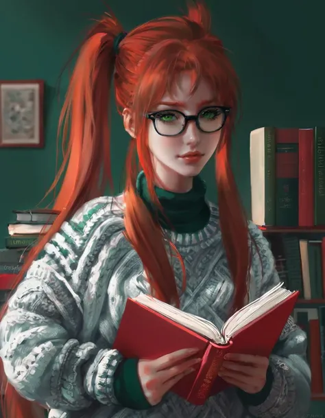 dal, , 1girl, book, glasses, green_eyes, looking_at_viewer, ponytail, red_hair, solo, sweater,