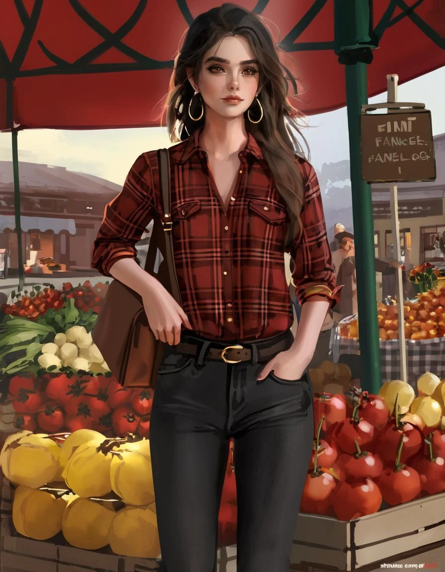 dal, , 1girl, 1girl, black eyes, , Red plaid flannel shirt, black skinny jeans, brown ankle boots, brown leather satchel, gold hoop earrings,, , Farmers market,, [nervous expression, tense, jumpy, uneasy:0.7],