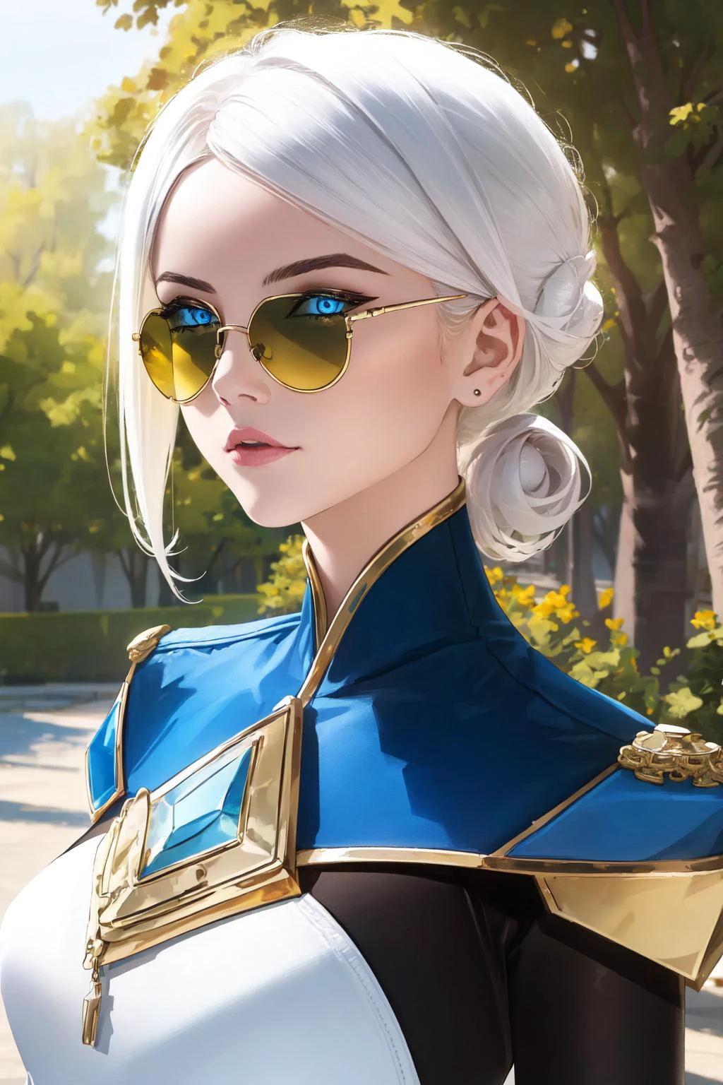 (masterpiece, best quality), intricate details,
1girl, <lora:camille3in1V2:0.8> camille \(league of legends\), bodysuit, white hair, single hair bun
<lora:Prop_Sunglasses_v1:0.8> Glasses, Sunglasses, Aviators,