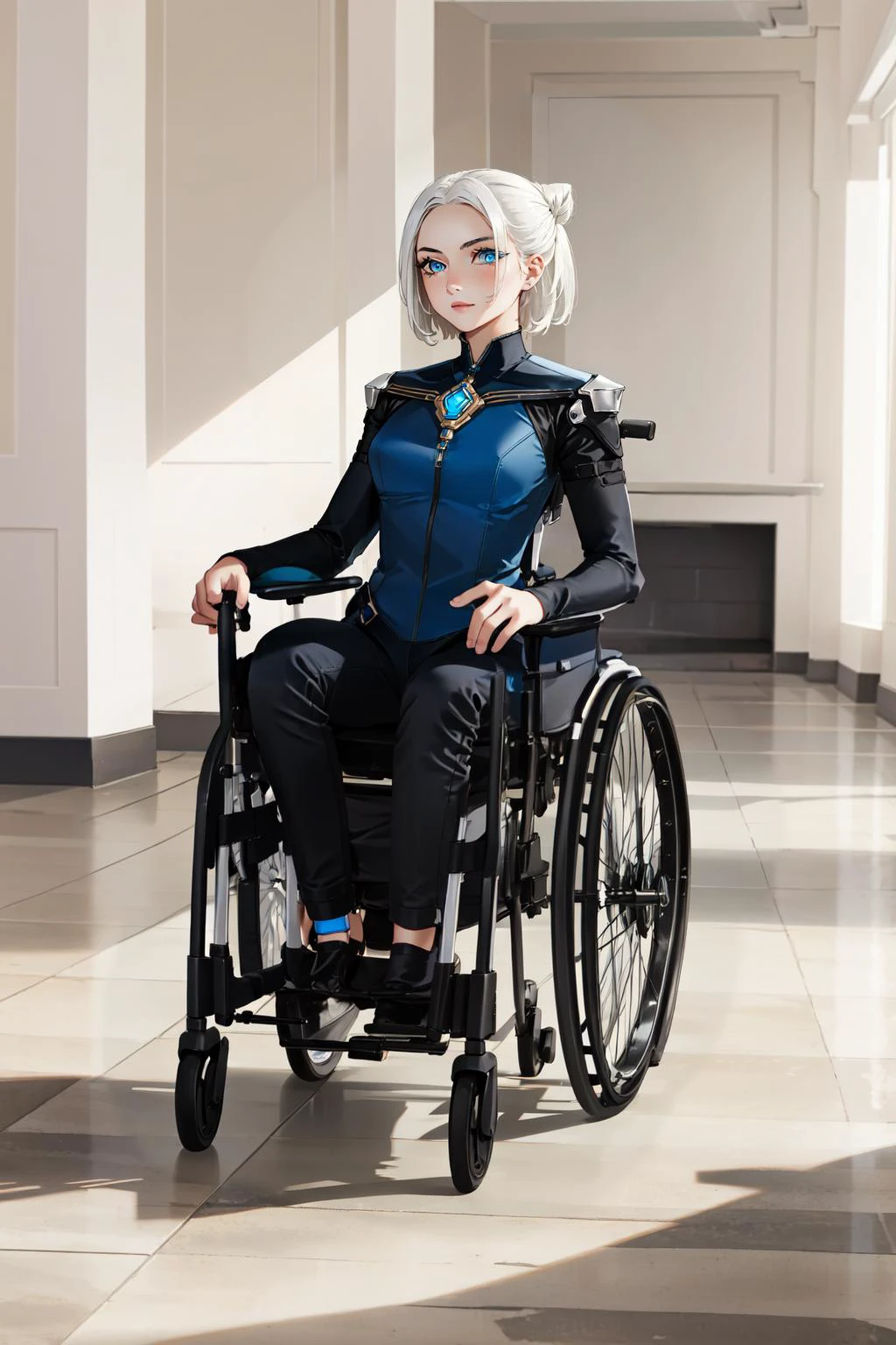 (masterpiece, best quality), intricate details,
1girl, <lora:camille3in1V2:0.8> camille \(league of legends\), bodysuit, white hair, single hair bun
<lora:wheelchair:0.6> wheelchair, sitting in wheelchair, black shoes,