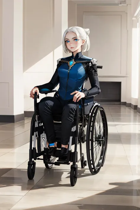 (masterpiece, best quality),  intricate details,
1girl,  <lora:camille3in1V2:0.8> camille \(league of legends\), bodysuit, white hair, single hair bun
 <lora:wheelchair:0.6> wheelchair,  sitting in wheelchair, black shoes,