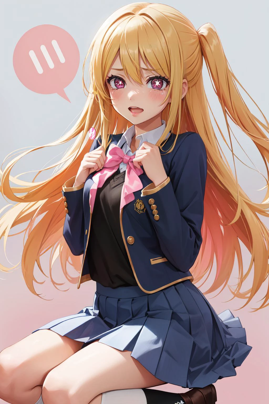 (masterpiece, best quality), intricate details,
1girl, <lora:rubyhoshino-lyco-nochekaiser:0.8> ruby hoshino, (yellow hair:1.5), long hair, one side up, (pink eyes:1.5), sidelocks, (star-shaped pupils:1.5), (symbol-shaped pupils:1.5), (mismatched pupils:1.5),, black vest, blue jacket, bow, bowtie, collared shirt, cropped jacket, jacket, kneehighs, long sleeves, pink bow, pink bowtie, pleated skirt, school uniform, shirt, skirt, socks, vest, white shirt, white socks, youtou high school uniform,
<lora:Concept_BreastSuppress:0.8> breast suppress, hands own own chest, small breasts, angry, crying, spoken !,