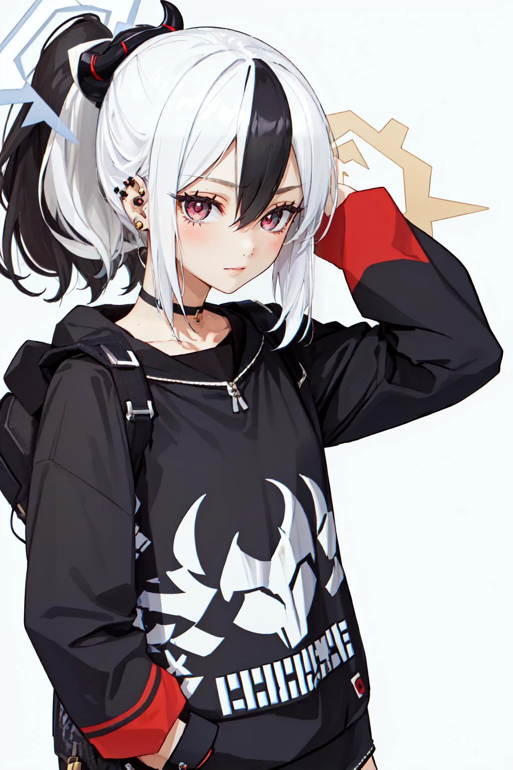 (masterpiece, best quality), intricate details,
1girl, <lora:kayoko_bluearchive:0.8> kayoko_bluearchive, black_hair, multicolored_hair, white_hair, horns, two-tone_hair, red_eyes, bangs, halo, piercing, hair_between_eyes, ear_piercing, closed_mouth, ponytail, blush, earclip, long_hair,
<lora:edgDeLaF:1> edgdlf, wearing edgdlf , slender figure,