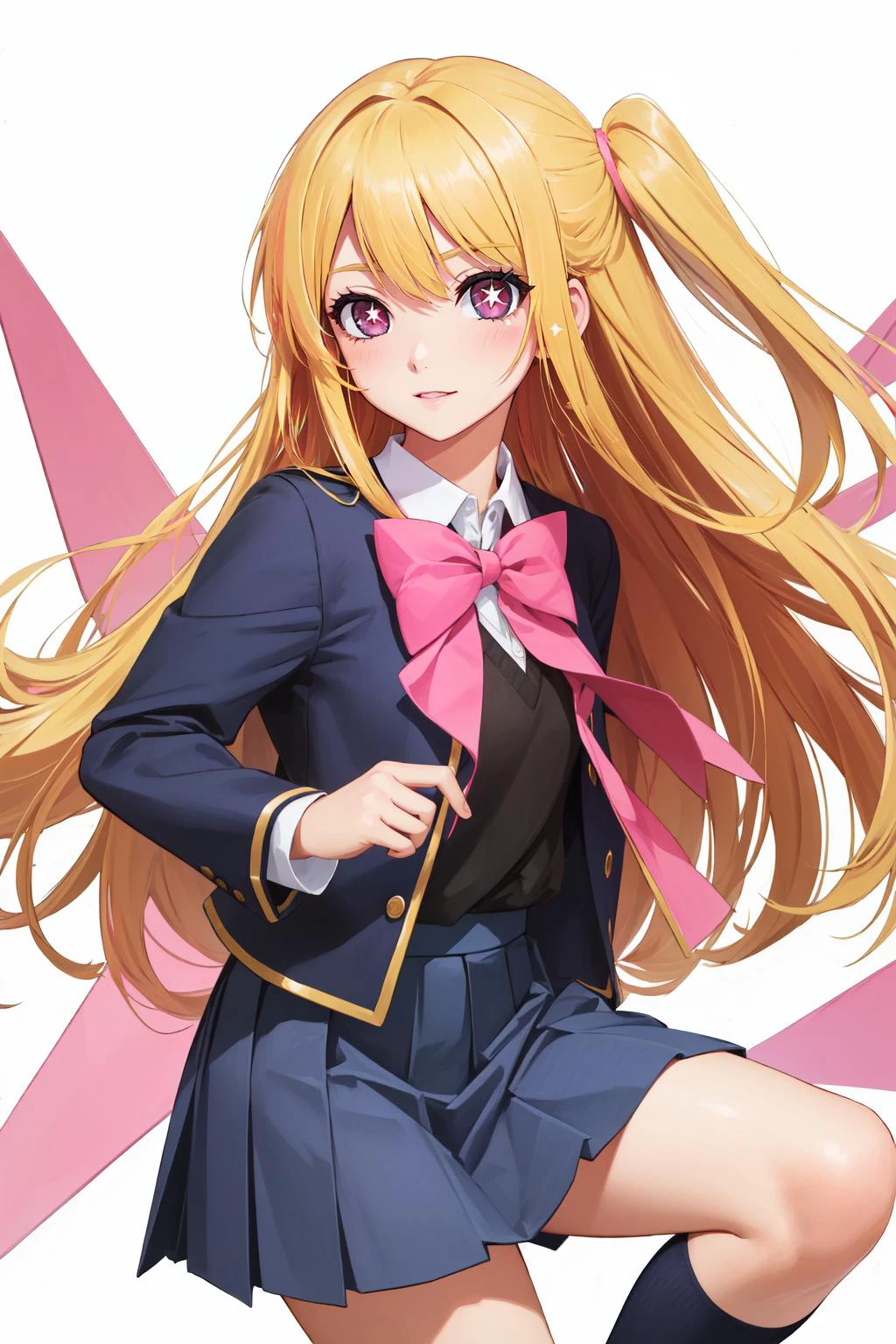 (masterpiece, best quality), intricate details,
1girl, <lora:rubyhoshino-lyco-nochekaiser:0.8> ruby hoshino, (yellow hair:1.5), long hair, one side up, (pink eyes:1.5), sidelocks, (star-shaped pupils:1.5), (symbol-shaped pupils:1.5), (mismatched pupils:1.5),, black vest, blue jacket, bow, bowtie, collared shirt, cropped jacket, jacket, kneehighs, long sleeves, pink bow, pink bowtie, pleated skirt, school uniform, shirt, skirt, socks, vest, white shirt, white socks, youtou high school uniform,