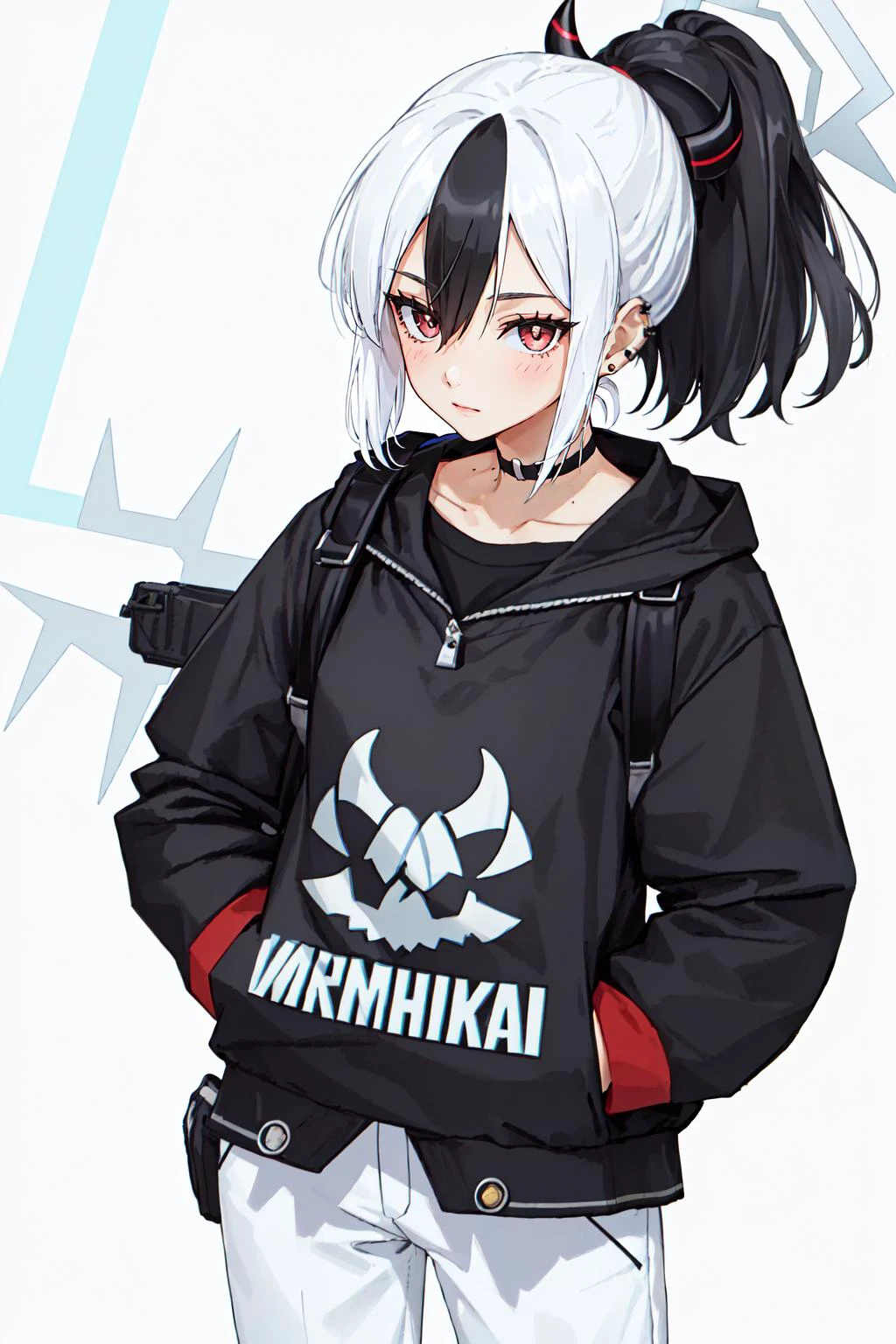 (masterpiece, best quality), intricate details,
1girl, <lora:kayoko_bluearchive:0.8> kayoko_bluearchive, black_hair, multicolored_hair, white_hair, horns, two-tone_hair, red_eyes, bangs, halo, piercing, hair_between_eyes, ear_piercing, closed_mouth, ponytail, blush, earclip, long_hair,
<lora:edgDeLaF:0.8> edgdlf, wearing edgdlf , slender figure, black jacket, white shirt, black pants, choker,
