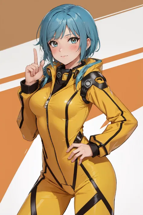 (masterpiece, best quality), intricate details, 
 <lora:Neon_Strike_VI:0.8> neonstrikevi,  blue hair, yellow jumpsuit, 
 <lora:ArsEmbarrassed-t5:0.4> embarrassed,  blushing,