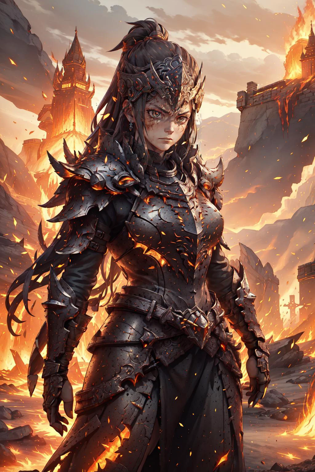 (masterpiece, best quality), intricate details,
1girl, <lora:SenuaHell:0.5> SenuaHell
<lora:Clothing - Ember Armor_v2:0.6> emb3r4rmor, embers, glowing, burning, battlefield, castle, war, debris, smoke, fire, armor, gauntlets, pauldrons, skirt, angry, glaring, lava,