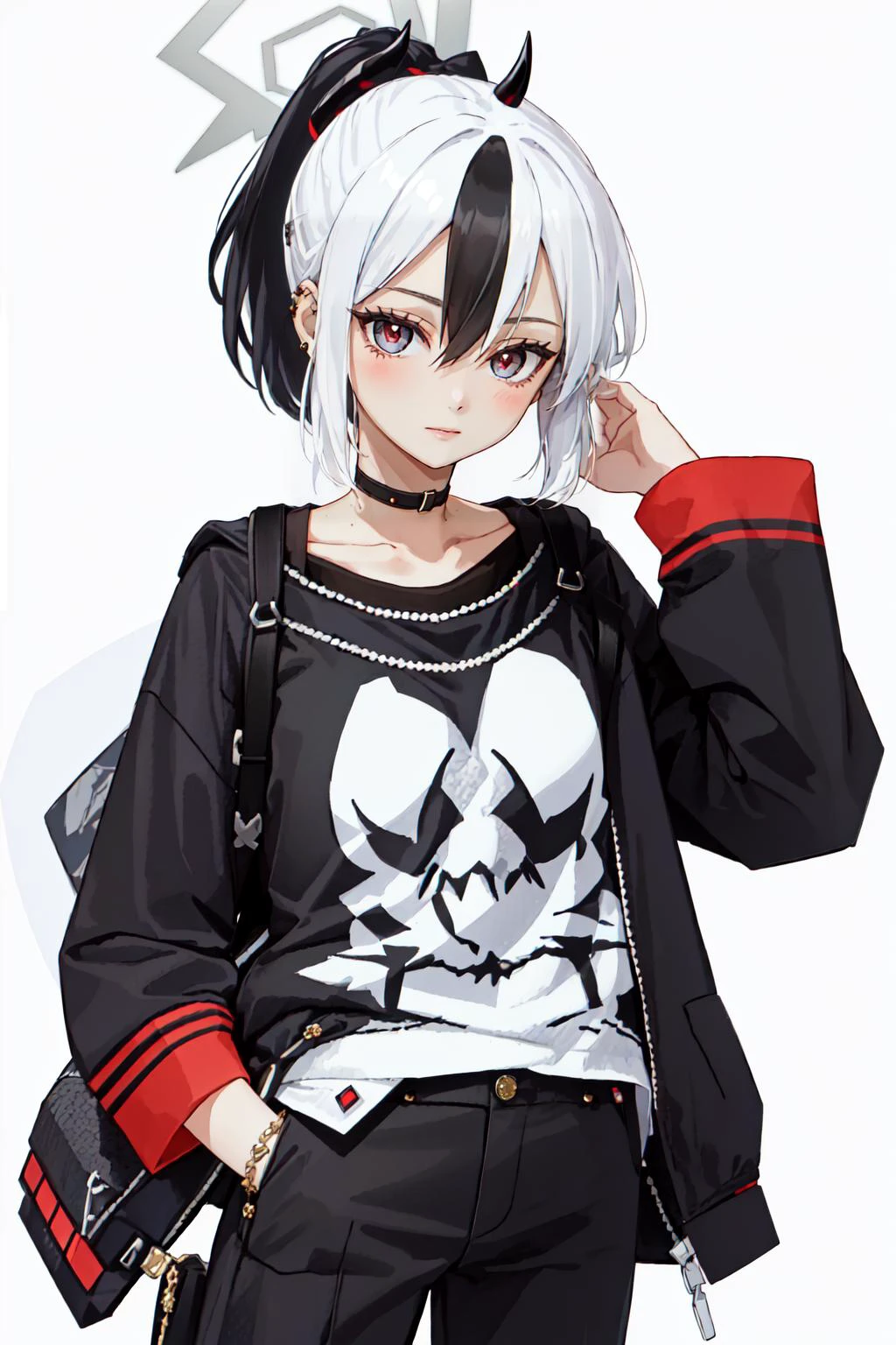 (masterpiece, best quality), intricate details,
1girl, <lora:kayoko_bluearchive:0.8> kayoko_bluearchive, black_hair, multicolored_hair, white_hair, horns, two-tone_hair, red_eyes, bangs, halo, piercing, hair_between_eyes, ear_piercing, closed_mouth, ponytail, blush, earclip, long_hair,
<lora:edgDeLaF:1> edgdlf, wearing edgdlf , slender figure, black jacket, white shirt, black pants, choker,