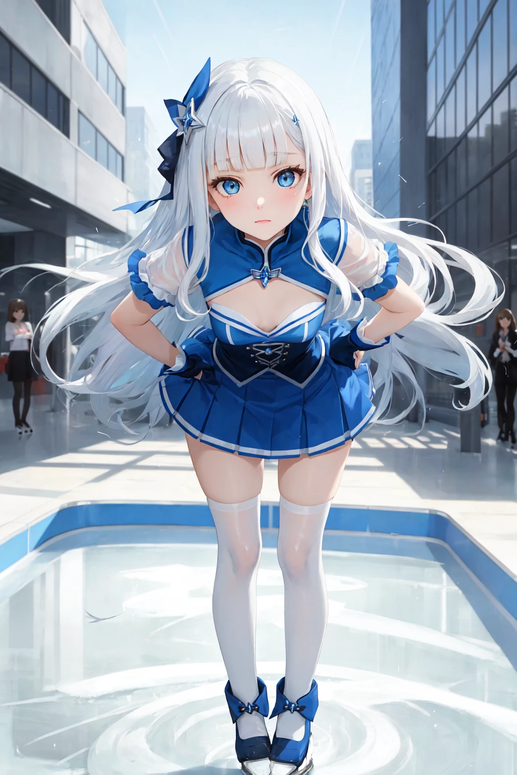 blue theme, masterpiece, magical girl, (impossible clothes:1.5), microskirt, (scenery:1.1), skin tight, Ice rink,Office building, white hair, curly hair, blunt bangs,hime cut, blue eyes, (ulzzang-6500-v1.1:0.9), small breasts, breasts, thigh gap, hair ornament, bent over, sparks,mesmerizing,Sorcery,captivating_cleavage