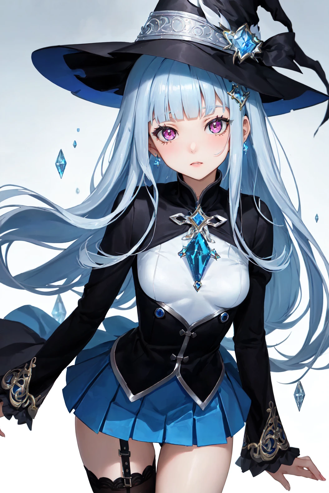 blue theme, masterpiece, magical girl, (impossible clothes:1.5), microskirt, gradient background, silver blue hair, , blunt bangs,sidelocks, pink eyes, (ulzzang-6500-v1.1:0.9), medium breasts, breasts, thigh gap, hair ornament, arched back, black_witch_hat,intricate_embellishments,Mystical_fountains,glowing_crystals