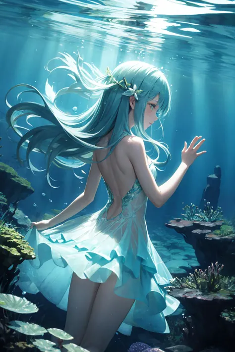 a naiad underwater, wearing a dress made of seaweed. water distorting light, refracting sunbeams, volumetric light. from behind