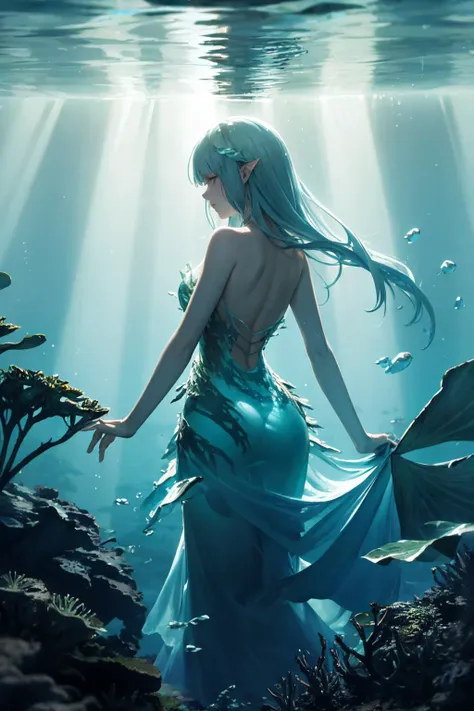 a naiad underwater, wearing a dress made of seaweed. water distorting light, refracting sunbeams, volumetric light. from behind