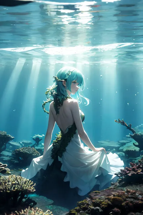 a naiad underwater, wearing a dress made of seaweed. water distorting light, refracting sunbeams, volumetric light. from behind