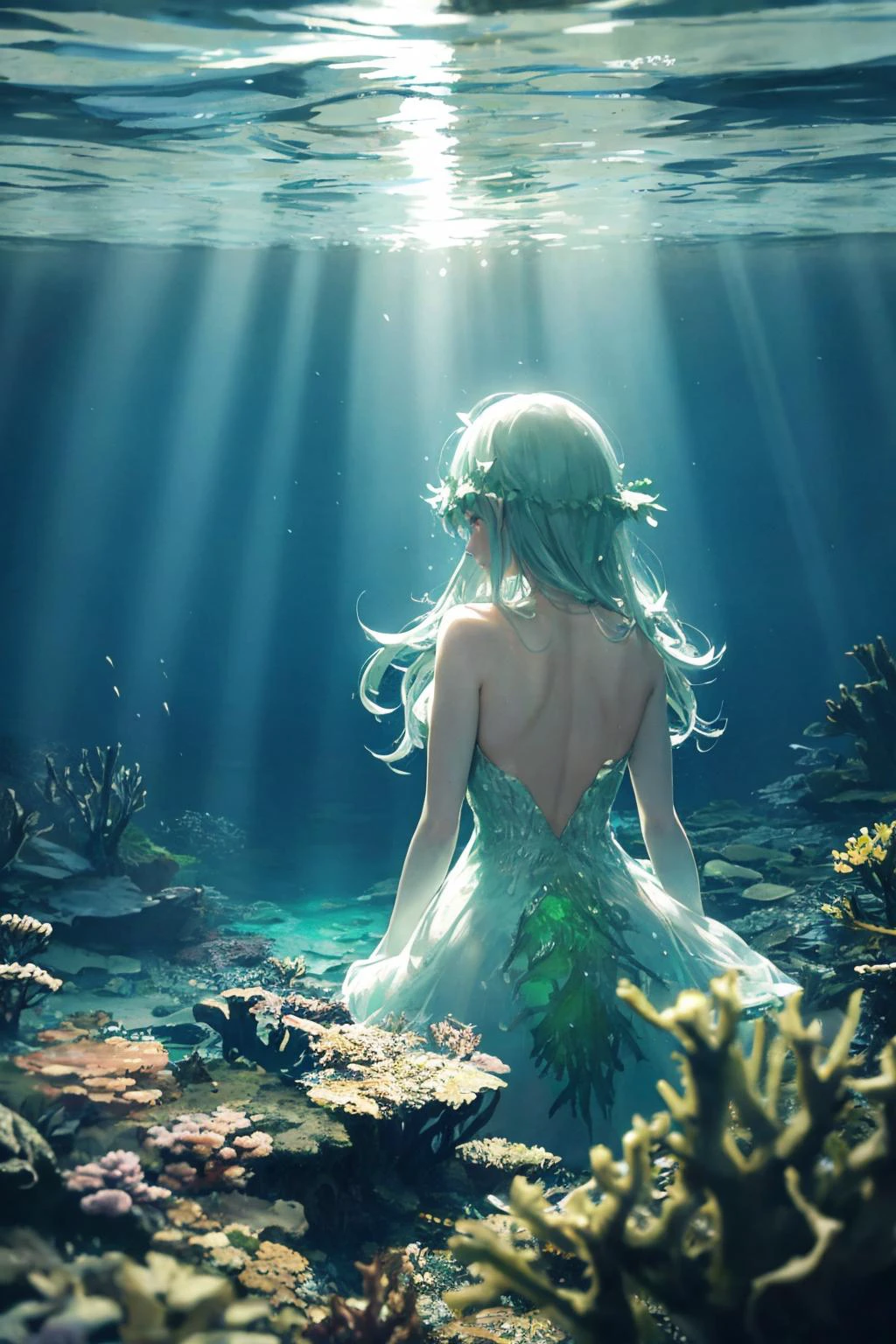 a naiad underwater, wearing a dress made of seaweed. water distorting light, refracting sunbeams, volumetric light. from behind